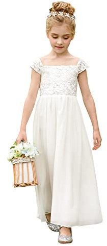 PLWEDDING Vestido de gasa para niña de flores, primera comunión, para cumpleaños, bodas, fiestas, Blanco, 2-3 Años