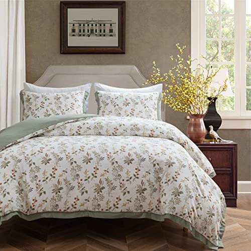 OSVINO Botanical Duvet Cover Set Double 3 Pieces 100% Microfiber Breathable Stylish Green Small Floral Pattern Ultra Soft Bedding Set Quilt Cover with Pillowcase