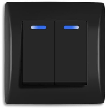 BSEED Lichtschalter mit Steckklemme 2 Fach 1 Weg, PC Rahmen Doppel Lichtschalter Unterputz mit LED Kontrollleuchte, Taster Schalter Unterputz, Wandschalter Light Switch für Wohnzimmer, Büro -Schwarz