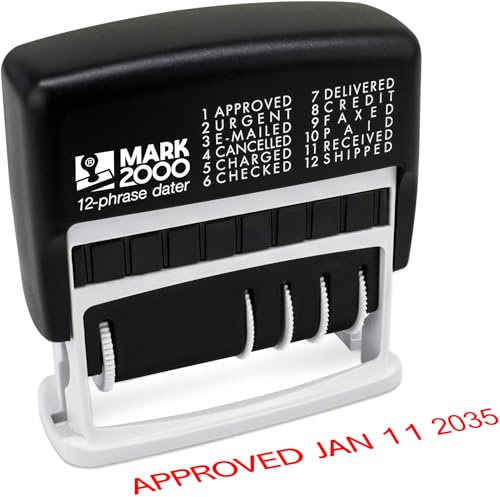 Mark 2000 12-Phrase Dater - Date & Phrase Self-Inking Stamp - Red Ink