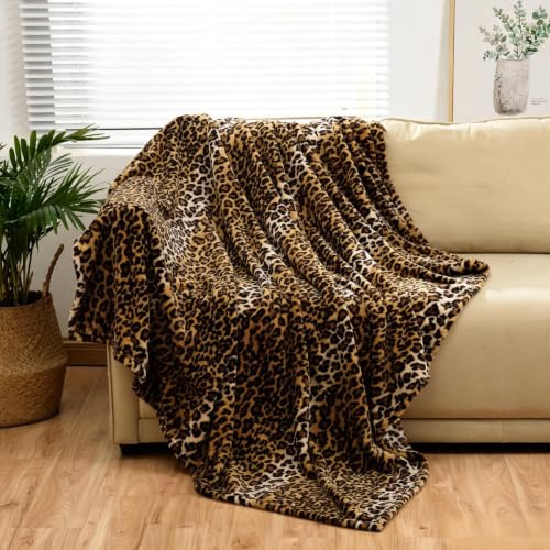 BNuitland Flanellöverkast med leopardtryck, 127 x 102 cm med förvaringsväska 300 GSM dubbelsidig lätt för säng, soffa, resor, supermjuk fluffig filt med