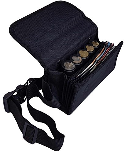 Riñonera de Camarero de Lona Negra, Monedero de Camarero,1 Bolsillo Zip Interior, Incluido Dispensador/Distribuidor/Clasificador para Monedas de Euros, Cierre Magnético (5 Monedas)