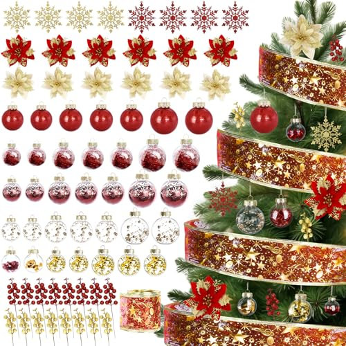 YONTINY Christmas Tree Baubles - 72pcs Red & Gold Ornaments with Snowflakes, Poinsettia, Glitter & Berry Stems