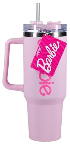 Paladone Barbie H2O-Flasche mit offiziellem lizenziertem pinkem Logo, Quencher, Edelstahl, vakuumisolierter Becher mit Deckel und Strohhalm, für Wasser, Eistee oder Kaffee