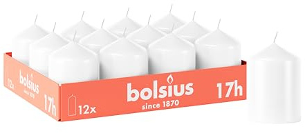 Bolsius - Lot de 12 bougies piliers lisses - Blanches - 8 x 6 cm - Durée de combustion : 17 heures - Non parfumées - Contient de la cire végétale naturelle - Sans huile de palme