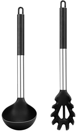 2er Set Silikon Pasta Gabel und Pfanne Löffel Nudellöffel Set mit Griff aus Edelstahl, große Antihaft Küchenutensilien zum Kochen, Rühren, Servieren Spaghetti, Suppe, Sauce Gesund & Antihaft - Schwarz