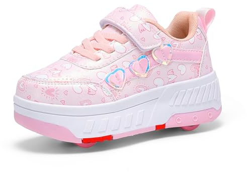 Hearda Zapatillas con Ruedas Niña, 2 en 1 Zapatillas con Ruedas,Patines Multiusos Zapatos Deportivas al Aire Libre con 4 Retráctil, Niño Zapatos Apatillas de Skateboard