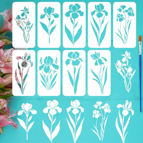 FINGERINSPIRE 9Pz Stencil di Fiori di Iris con 1 Pennelli, 30x15cm 9 Stili Stencil per Disegno di Iris di Febbraio Modello A Tema Vegetale per Dipingere su Tessuto Decorazioni Fai da Te per La Casa