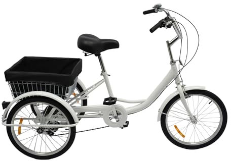 Jerool 20-Zoll-Dreirad für Erwachsene mit höhenverstellbarem Rahmen aus Kohlenstoffstahl, ausgestattet mit Einkaufskorb und Beleuchtung, geeignet für ältere Menschen.