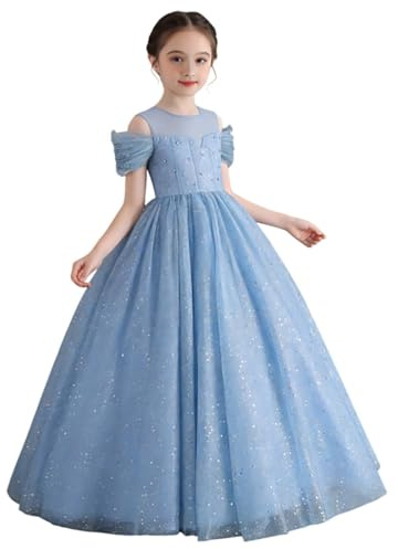 Costumi Carnevale Bambina-Costume Carnevale Bambina Abito da Sera Elegante con Volant e Spalle Scoperte per Ragazze, per spettacoli di Danza (Light Blue, 13-14 Years)