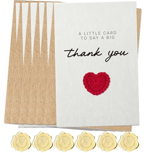6 Thank You Cards 350GSM with Handmade Heart Gold Foil Stickers Envelopes | 10.5 x 15 cm Blank Inside A Little Card To Say Big Thank You, Ideal for Teachers, Weddings, Business and More