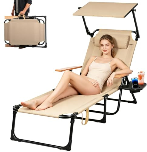 Cozykimo Chaise Longue Pliante, Bain de Soleil avec Pare-Soleil, Transat Jardin Extérieur avec accoudoirs en Bois, Dossier Inclinable 5 Positions pour Plage, Piscine et Terrasse, Camping