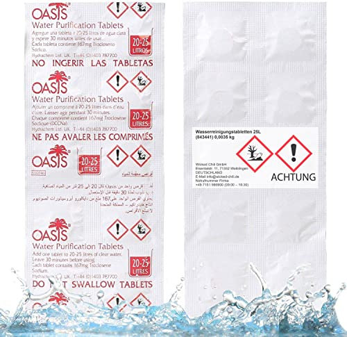 Wicked Chili 10x Oasis Wasserreinigungstabletten für 20-25L Trinkwasser pro Tablette zur Wasseraufbereitung - Chlortabletten zur Wasserentkeiumung, Entkeimungstabletten, Wasser Entkeiumung