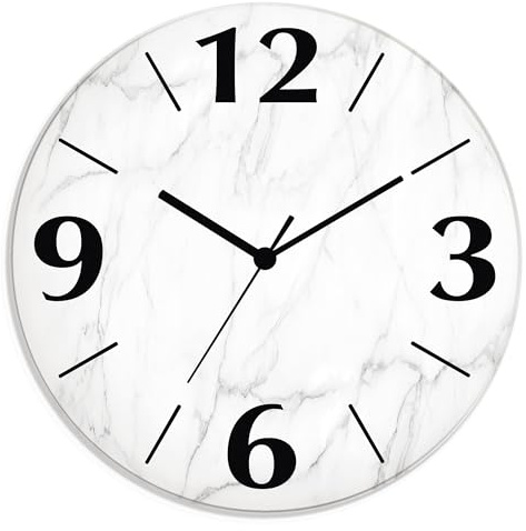ARTLAND Wanddeko Wanduhr ohne Tickgeräusche aus Glas Funkuhr Ø 30 cm Rund Lautlos Ø 30 cm Weiße Marmor Stein Optik U1RF