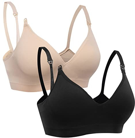 Vevarble Women Maternity Nursing Bras Wireless Soft Pregnancy Bras (L-Black/Beige)