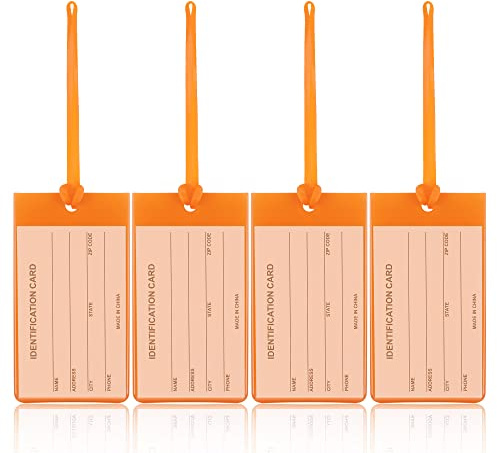 4 Pack Luggage Tags for Suitcases AUERVO Orange Flexible Durable Silicone Baggage Plastic Name Tags Travel ID Identification Labels for Backpack Bag Travel