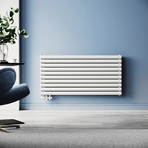 SUNXURY Radiatore tubolare di design, 593 x 1200 mm, orizzontale, a doppio strato, con connettore laterale multiblocco, colore bianco
