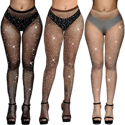 LURVOUS 3 Pares Medias de Rejilla Brillantes Mujer, Medias Brillantes Medias Diamantes de Imitación Leggings de Rejilla de Cintura Alta con Pedrería