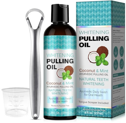 Kokosnuss- und Pfefferminzöl-Ziehen, Minzöl-Zieh-Mundwasser mit Zungenschaber, Bio-Mundwasser mit ätherischen Ölen, natürliche alkoholfreie Zahnaufhellung und Zahnfleischgesundheit (8 FL.OZ)