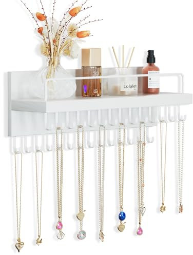 Lolalet Necklace Holder Hanging Necklace Organiser Wall Mounted Jewelry Organizer with 28 Hooks and Perfume Shelf, Wood Necklace Hanger Rack for Bracelets -White