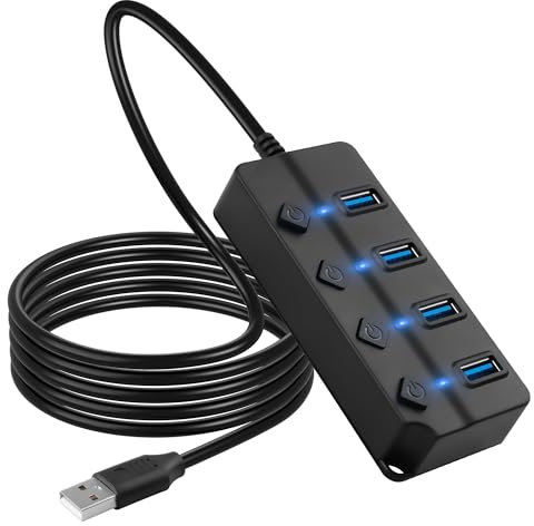 CERRXIAN Hub USB, splitter hub USB a 4 porte con interruttori LED on/off individuali da 2 m, cavo di espansione multi porta, trasferimento dati veloce, splitter USB per laptop, PC, HDD mobile
