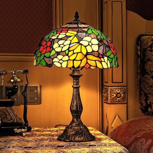 Five Liters Tiffany 12-Inch Pastoral Style Stained Glass Coloured Floral Table Lamp Bedside Lamp Antique Lighting Living Room Bedroom Table Lamps Children's Lamp,12 Width 18.9 Height
