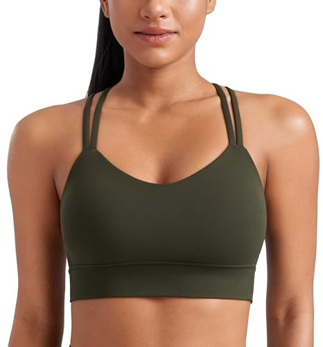 CRZ YOGA Softness Mold Butterluxe Strappy Longline Sports Bras for Women - Double Spaghetti Strap Workout Yoga Crop Top Olive Green Medium