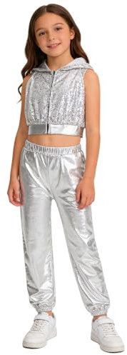 inlzdz Conjunto Danza Hiphop De Brillante Metálico para Niñas Top Corto Lentejuelas con Capucha Ropa De Baile Callejero Actuación