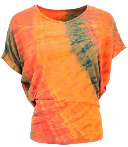 GURU SHOP Batikshirt mit Fledermausärmeln, Lockeres Batikoberteil, T-Shirt - Orange, Damen