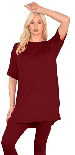 janisramone® Womens Short Sleeve Tunic T Shirts, Round Neck Oversized T Shirts for Women UK, Soft Comfortable Pj Dress, Perfect Summer Longline Ladies Tops Wine