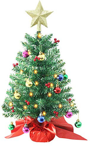 24 Inch Tabletop Christmas Tree, Artificial Mini Xmas Pine Tree with LED String Lights and Ornaments,Christmas Decoration Tree Decor-Red