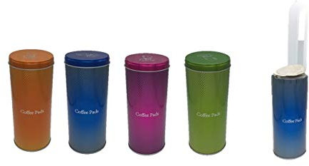 James Premium 4x Kaffeepad-Dose, Dekodose, O TÜ PI GR Aufbewahrungsbehälter für Kaffeepads (4 Stück - Set 2) Aktion + 4 Padheber aus Edelstahl