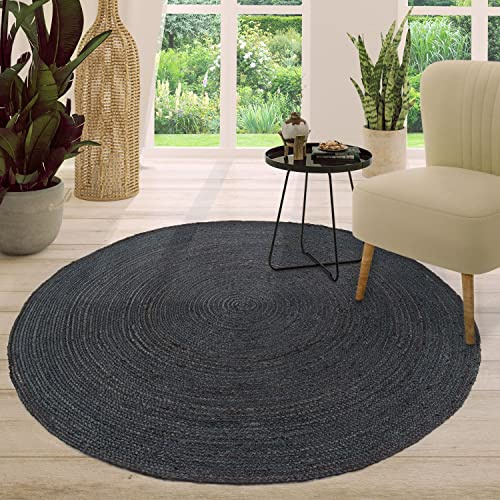 TT Home Jute Teppich Rund Wohnzimmer Esszimmer Boho Modern Handgemacht Mit Umrandung, Farbe:Anthrazit, Größe:160 cm Rund