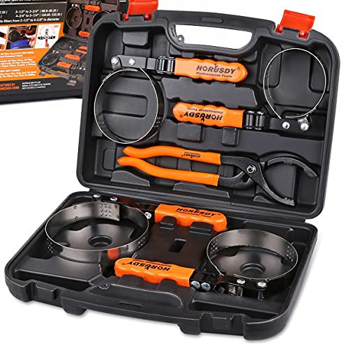 HORUSDY 5-Piece Adjustable Oil Filter Wrench Set | 12'' Oil Filter Pliers & Swivel Wrenches | Fits Filters 2-3/4'' to 5-1/4'' (68.85-133.35mm) | Professional Tool Kit for Cars & Motorcycles