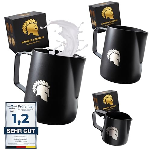 Barista Legends Brocca per latte nero [100 ml + 350 ml + 600 ml] – Brocca per latte rivestito in teflon – Barista latte in acciaio inox – Accessori barista