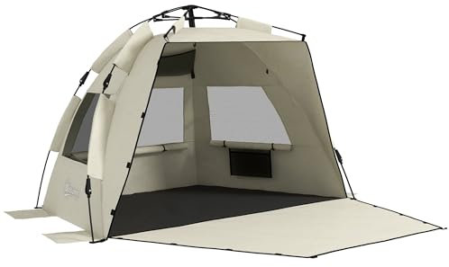 Outsunny Pop Up Tent Beach Tent for 2-3 Person, UPF15+ Easy Set Up Sun Shelter with Extended Floor, Sandbags, Mesh Windows and Carry Bag, Khaki