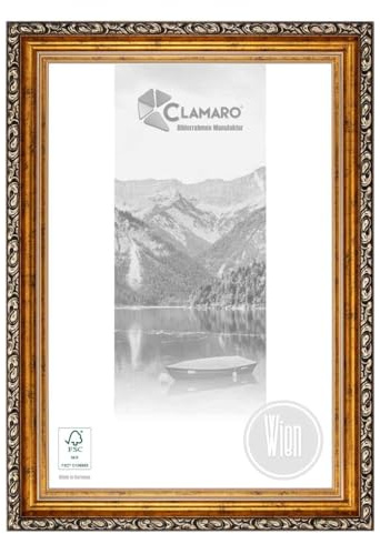 CLAMARO Bildram Wien antik barock massivt trä, 60 mm, guld, 80 x 100 cm | Gran, akrylglas, HDF-vägg, metallhängare, 43 mm djup, handgjord, stående och liggande format
