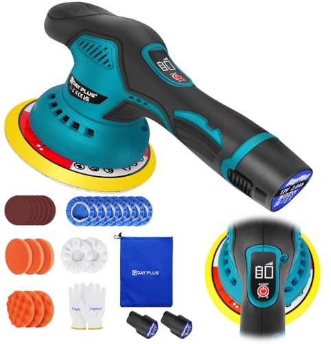 Exzenter Poliermaschine mit 2pcs Batterie, Akku Poliermaschine,LCD Geschwindigkeitsanzeige, 150mm Dual Action Poliermaschine Polierer mit 8 Stufen, Akku Wachsmaschine für Autodetailing