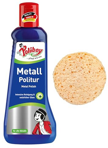 POLIBOY Metall Politur – Poliermittel für glänzende Metalle – Metallpflegemittel mit Anlaufschutz - 1x 200 ml - Mit Schwamm - Made in Germany