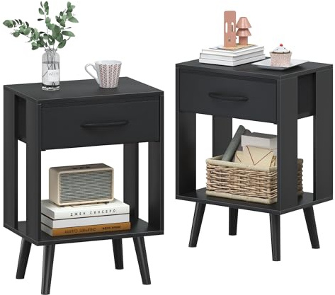 OYRREU Nachttisch 2er Set, 40X 30 X 60.3cm Nachttisch, Klein Nachttische mit Schublade Nachtschrank für Schlafzimmer Kinderzimmer Zimmer Geschenk Bedside Table Nightstand, Schwarz