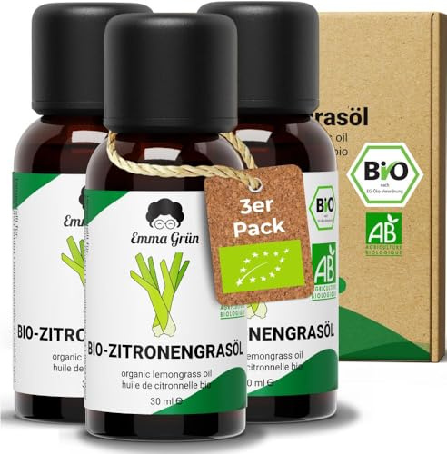 Emma Grün® Bio Lemongras Öl [100% Naturrein] - Zertifiziertes Lebensmittel - Lemongrass Ätherisches Öl - Zitronengras Öl 3x 30ml - Lemongrass Öl Naturrein - Lemon Grass Essential Oil aus Indien