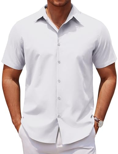 COOFANDY Skjorta Kortärmad Sommarskjorta Herrskjorta Button Down Affärsskjorta Enfärgad Casual Skjorta för Män Kostymskjorta Vit S