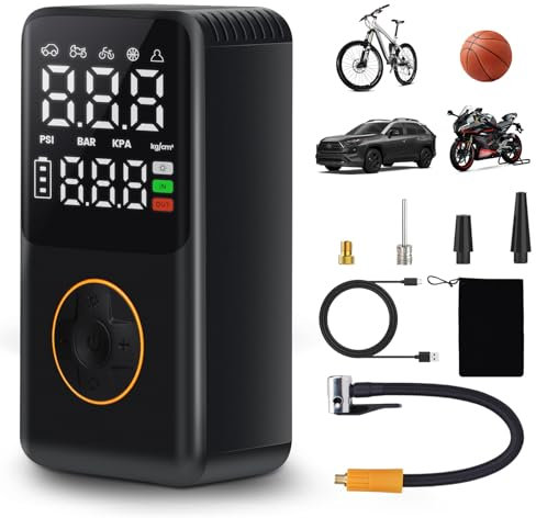 TAVADA Compresor de Aire Portatil,150PSI Compresor Aire Coche Bicicleta,4000mAh Inflador Ruedas,Batería Recargable con na LED Inflador Electrico Apagado Automático para Motos/Anillo de Natación/Pelota