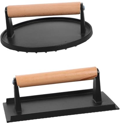 Alipis Set Pressa Per Hamburger Rettangolare E Rotondo Pressa Per Hamburger in Ghisa Resistente Con Manico in Legno
