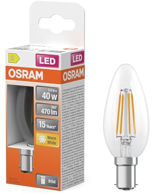 Osram LED-Lampe Star Kerzenform B40 Filament, 2700 K warmweiß, 3,4 W, B15d, klar, 470 lm, 15.000h, für Kronleuchter, dekorative Einbauten