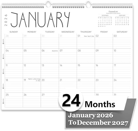 GuassLee Large Wall Calendar 2026-2027, 24-Month 22 x 17 Wall Calendar from Jan. 2026 to Dec. 2027, Large Desktop Hanging Monthly Planner with Thick Paper, Ruled Blocks for Home School Office