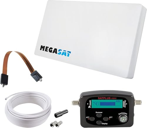 Megasat Antenna Piatta Set – D1 Profi-Line (1 utente, incl. 10 m di cavo, satfinder, passacavo per finestra, LNB intercambiabile, molte possibilità di montaggio) – Bianco