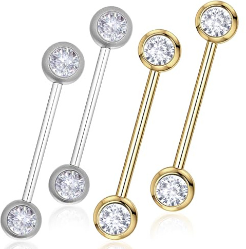 Set di 2 paia di piercing per capezzoli oro argento acciaio inox piercing per capezzoli rotondi piercing per lingua con strass body barbell piercing 14g barra per capezzoli oro titanio piercing bridge