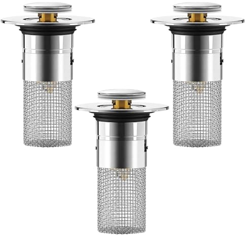 3 Pezzi Tappo Lavandino Bagno, Lavabo Bagno Universale per Ø 34-40mm Lavandini e Scarichi, Filtro Lavandino con Raccogli Capelli, Tappo di Scarico per Vasca da Bagno Cucina