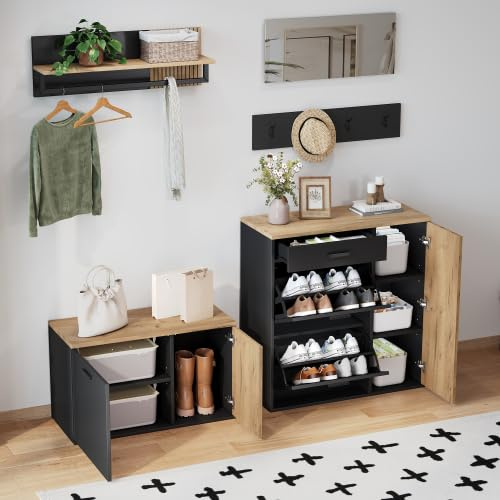 STAPERFO Garderobset 5 delar med sittbänk och spegel, skoskåp med vikdörrar, byrå, garderobspanel med 4 krokar och hylla, hallmöbler i träfärg/svart för hall, entré